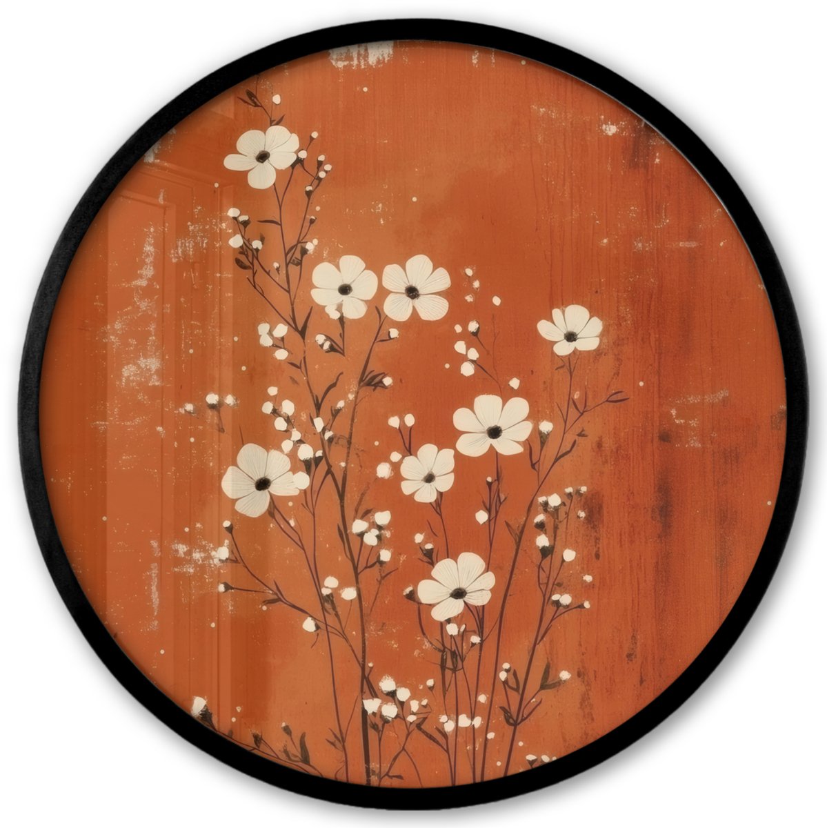 FrameYourWall Poster in lijst Rond - Fotolijst 40x40 cm - Posters - Bloemen - Wit - Subtiel - Roestkleur - Ronde posterlijst zwart - Decoratie - Wanddecoratie woonkamer - Muurdecoratie slaapkamer Bloem - Minimalistisch