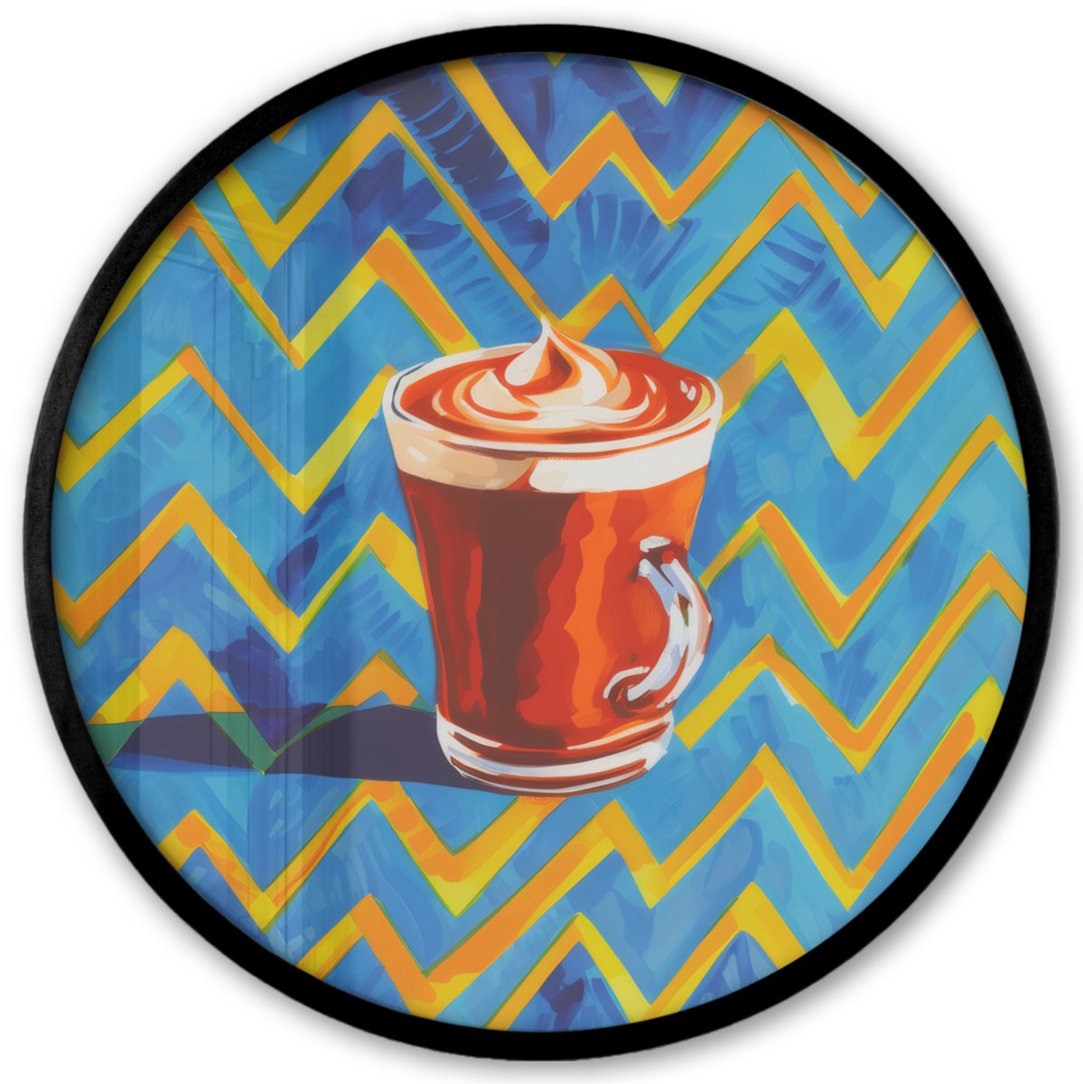 FrameYourWall Poster in lijst Rond - Fotolijst 40x40 cm - Posters - Mok - Koffie - Zigzag - Slagroom - Ronde posterlijst zwart - Decoratie - Wanddecoratie woonkamer - Muurdecoratie slaapkamer Mok - Schuim