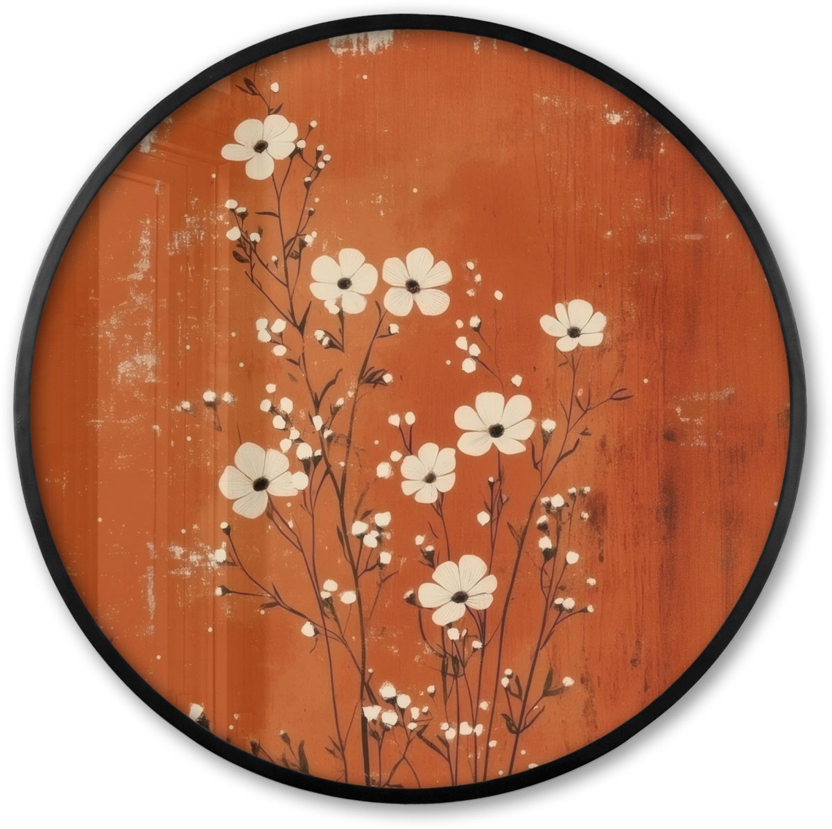 FrameYourWall Poster in lijst Rond - Fotolijst 60x60 cm - Posters - Bloemen - Wit - Subtiel - Roestkleur - Ronde posterlijst zwart - Decoratie - Wanddecoratie woonkamer - Muurdecoratie slaapkamer Bloem - Minimalistisch