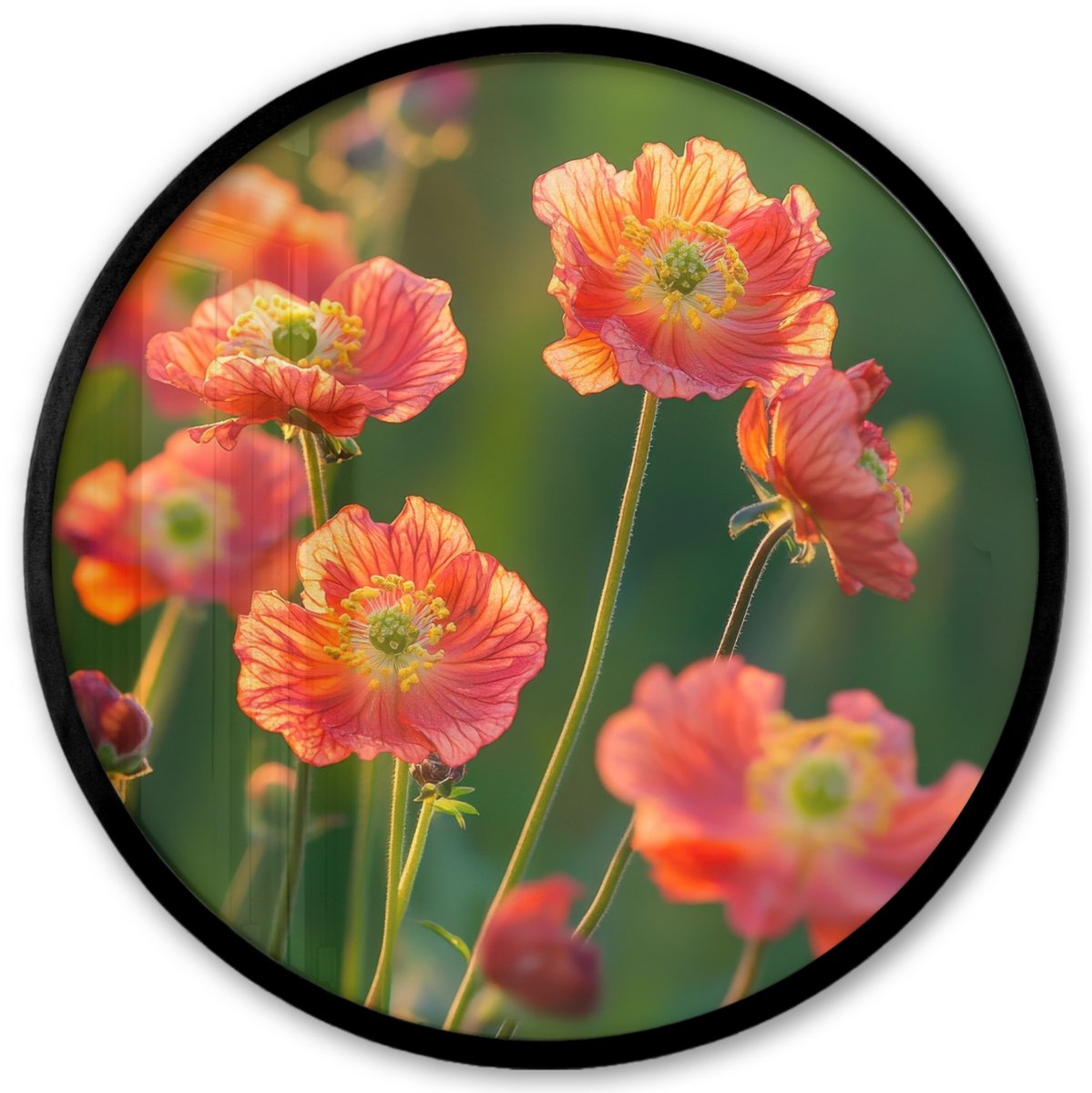 FrameYourWall Poster in lijst Rond - Fotolijst 40x40 cm - Posters - Bloemenveld - Zonnestralen - Oranje - Ronde posterlijst zwart - Decoratie - Wanddecoratie woonkamer - Muurdecoratie slaapkamer