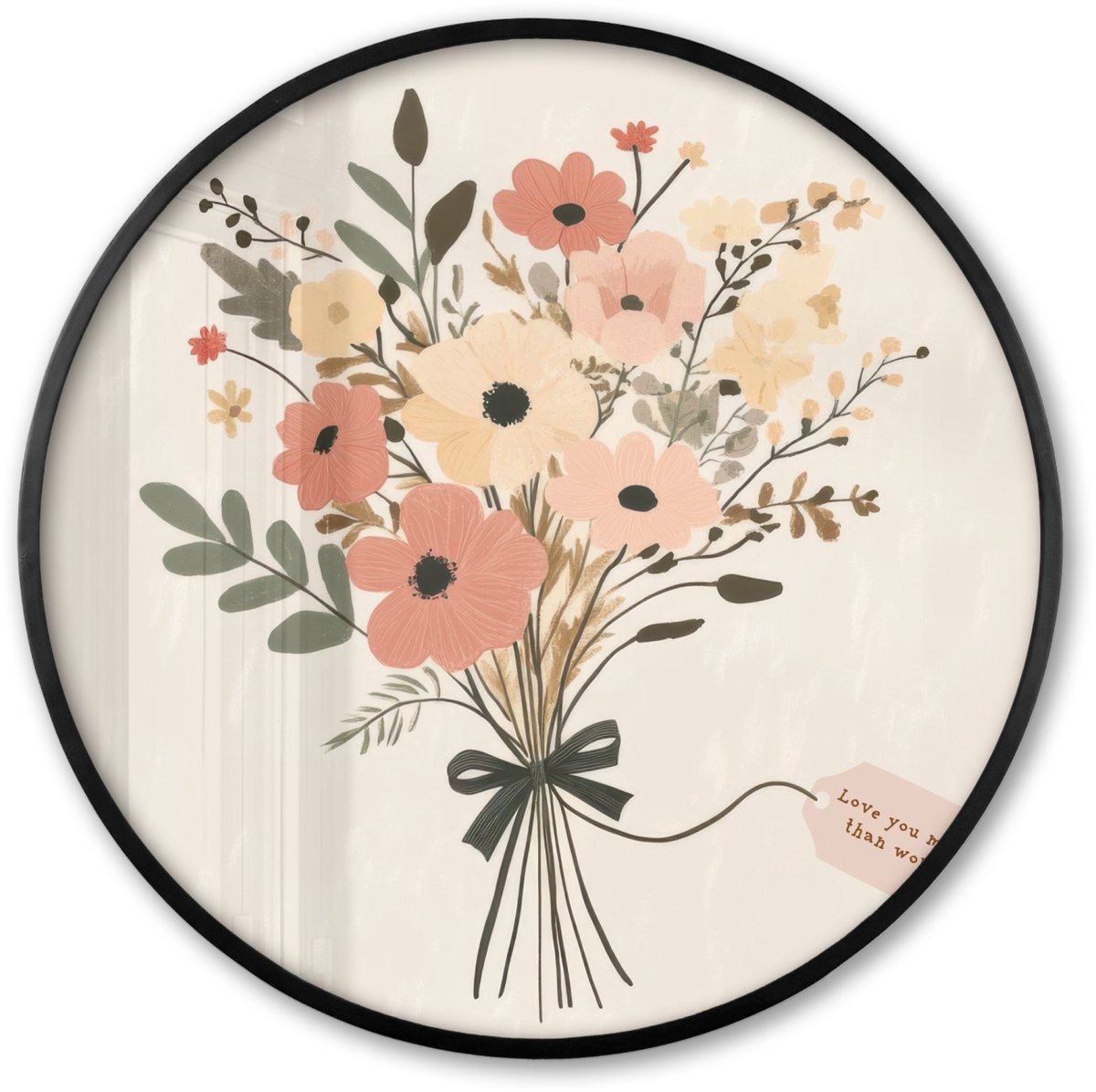 FrameYourWall Poster in lijst Rond - Fotolijst 60x60 cm - Posters - Bloemen - Quote - Beige - Lint - Ronde posterlijst zwart - Decoratie - Wanddecoratie woonkamer - Muurdecoratie slaapkamer Boeket - Kaartje