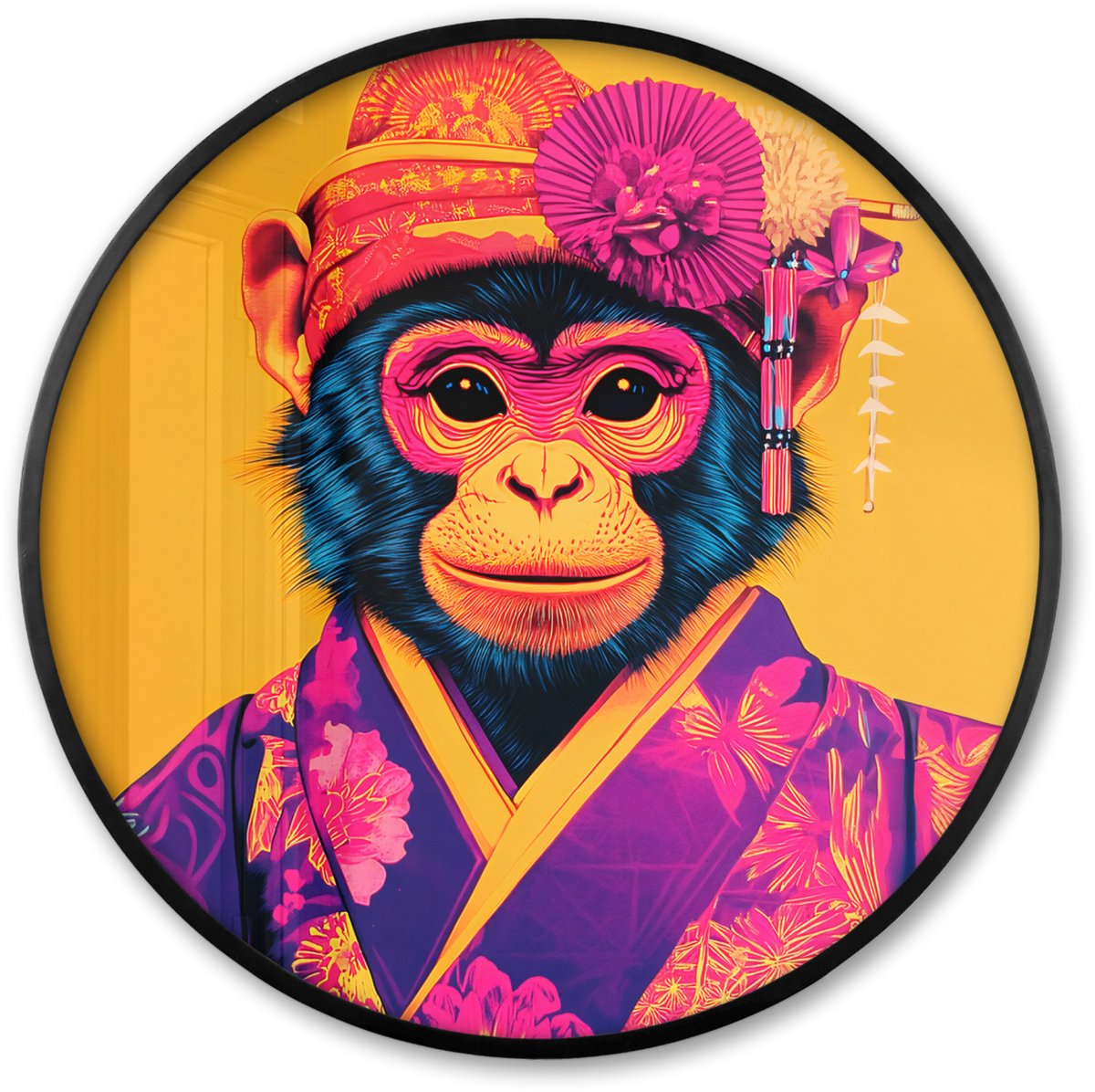 FrameYourWall Poster in lijst Rond - Fotolijst 60x60 cm - Posters - Aap - Kimono - Bloemen - Hoofdtooi - Ronde posterlijst zwart - Decoratie - Wanddecoratie woonkamer - Muurdecoratie slaapkamer