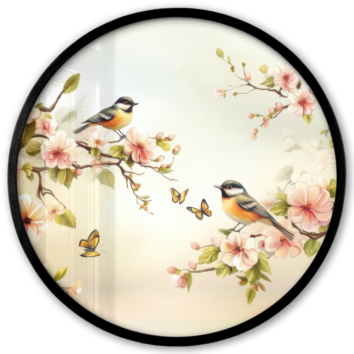 FrameYourWall Poster in lijst Rond - Fotolijst 40x40 cm - Posters - Takken - Bloemen - Vogeltjes - Roze - Ronde posterlijst zwart - Decoratie - Wanddecoratie woonkamer - Muurdecoratie slaapkamer