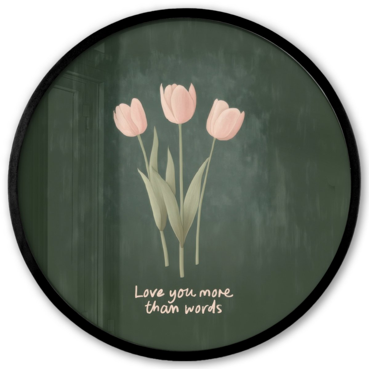 FrameYourWall Poster in lijst Rond - Fotolijst 40x40 cm - Posters - Tulpen - Roze - Tekst - Love - Ronde posterlijst zwart - Decoratie - Wanddecoratie woonkamer - Muurdecoratie slaapkamer Tulpen - Tekst