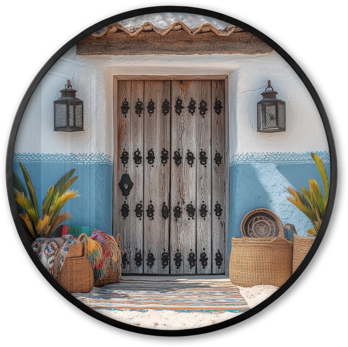 FrameYourWall Poster in lijst Rond - Fotolijst 80x80 cm - Posters - Deur - Manden - Planten - Ronde posterlijst zwart - Decoratie - Wanddecoratie woonkamer - Muurdecoratie slaapkamer Deur - Zomer