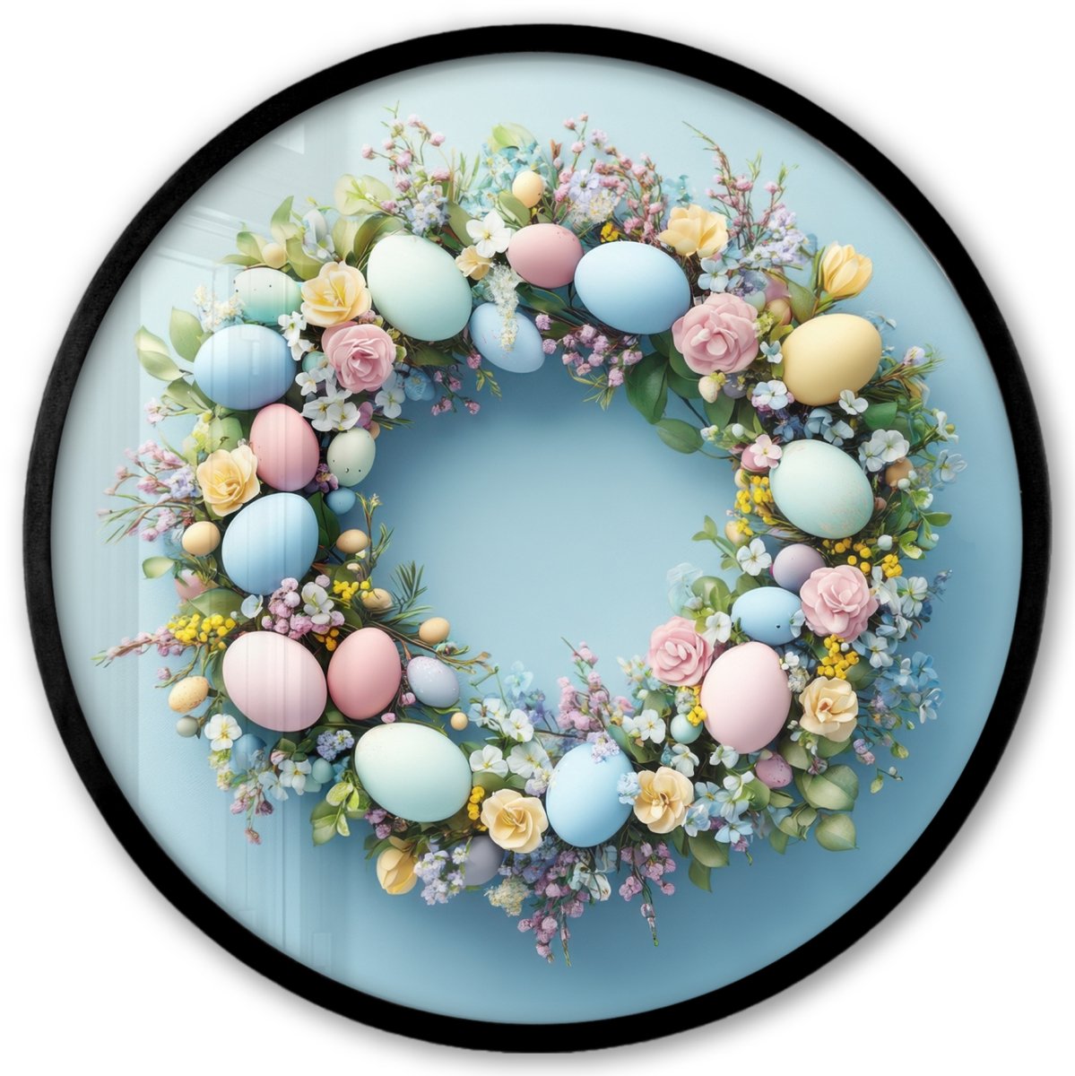 FrameYourWall Poster in lijst Rond - Fotolijst 40x40 cm - Posters - Krans - Eieren - Bloemen - Ronde posterlijst zwart - Decoratie - Wanddecoratie woonkamer - Muurdecoratie slaapkamer Paaskrans