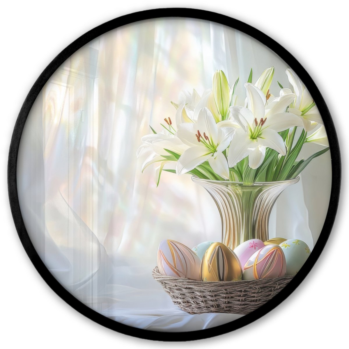 FrameYourWall Poster in lijst Rond - Fotolijst 40x40 cm - Posters - Vaas - Eieren - Bloemen - Ronde posterlijst zwart - Decoratie - Wanddecoratie woonkamer - Muurdecoratie slaapkamer Lelies - Stilleven
