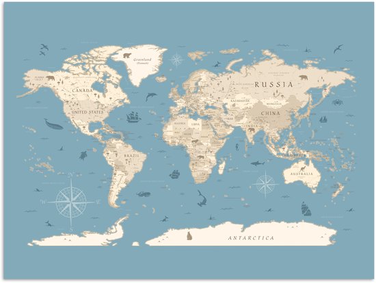 Une carte du monde détaillée sur fond bleu, avec des pays beiges et entourée de navires, baleines et oiseaux.