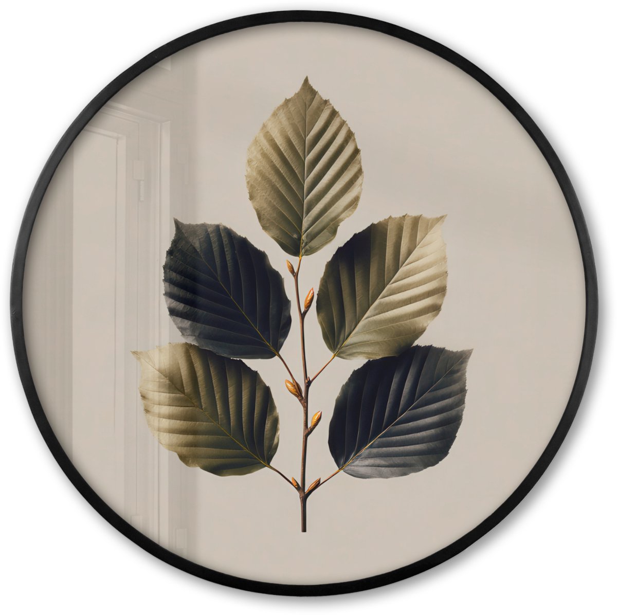 FrameYourWall Poster in lijst Rond - Fotolijst 60x60 cm - Posters - Beukenbladeren - Bruin - Groen - neutraal - Ronde posterlijst zwart - Decoratie - Wanddecoratie woonkamer - Muurdecoratie slaapkamer