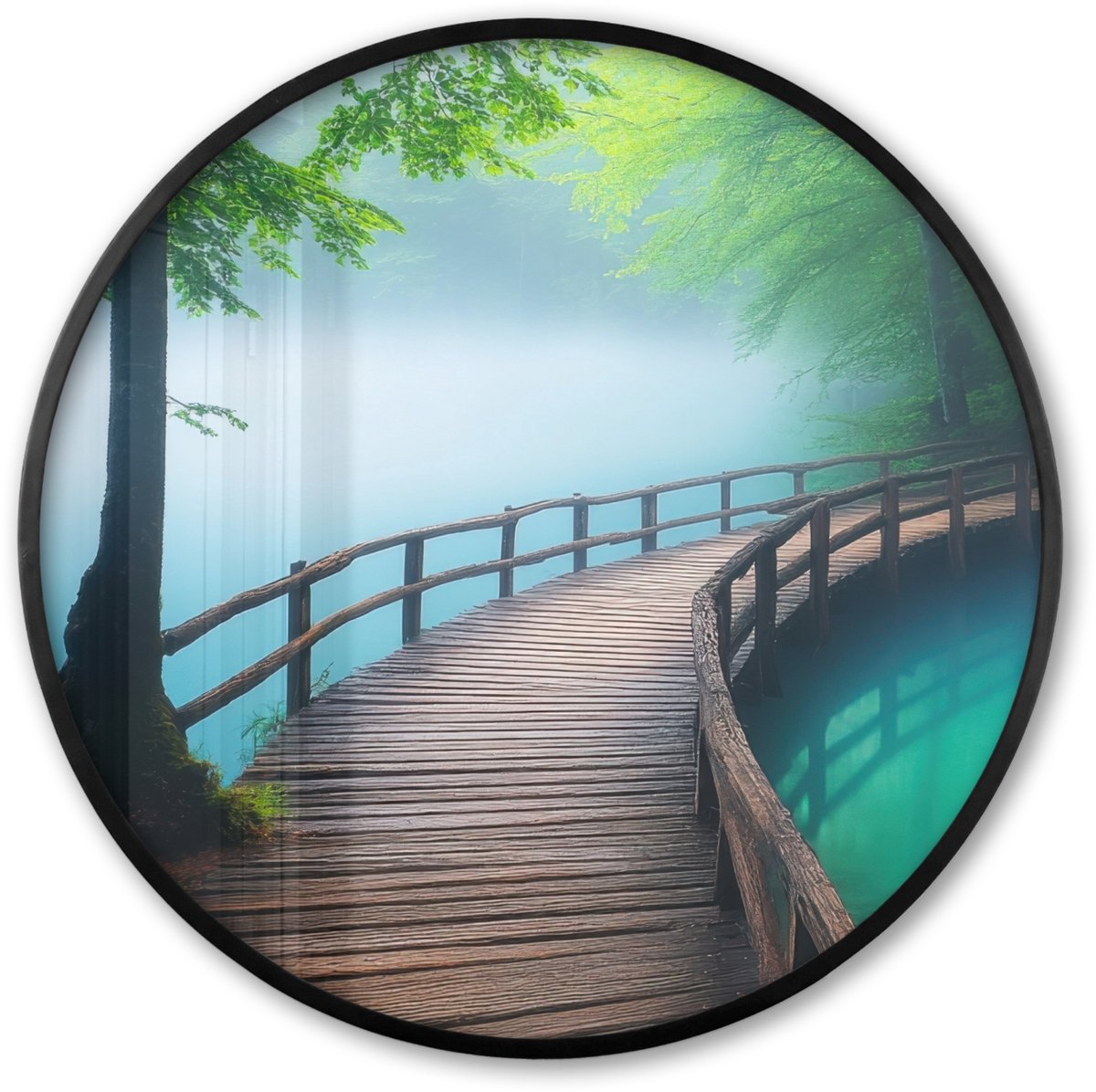 FrameYourWall Poster in lijst Rond - Fotolijst 80x80 cm - Posters - Brug - Water - Rivier - Bos - Ronde posterlijst zwart - Decoratie - Wanddecoratie woonkamer - Muurdecoratie slaapkamer