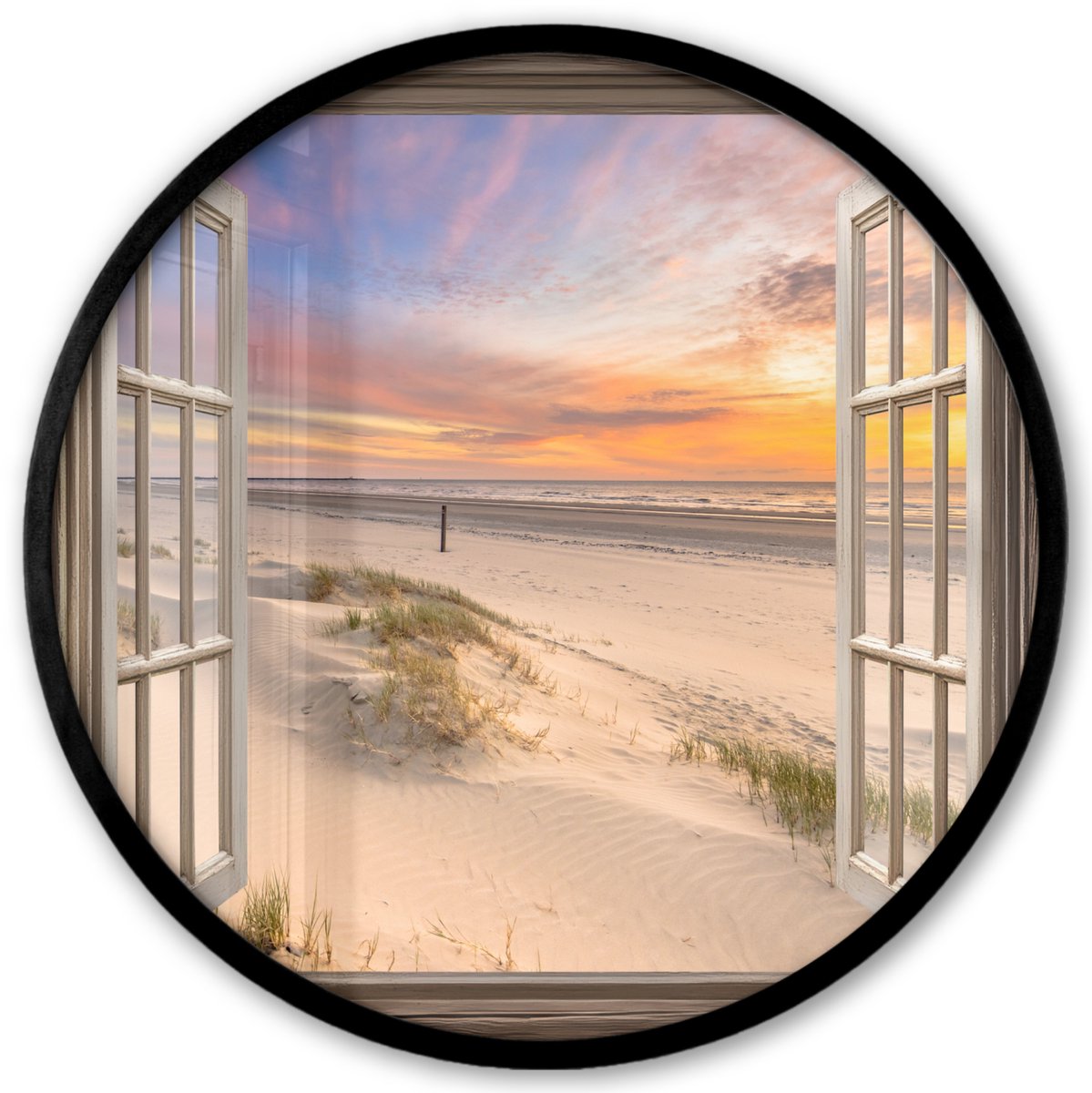 FrameYourWall Poster in lijst Rond - Fotolijst 40x40 cm - Posters - Doorkijk - Strand - Duinen - Natuur - Landschap - Ronde posterlijst zwart - Decoratie - Wanddecoratie woonkamer - Muurdecoratie slaapkamer Zonsondergang - Strand