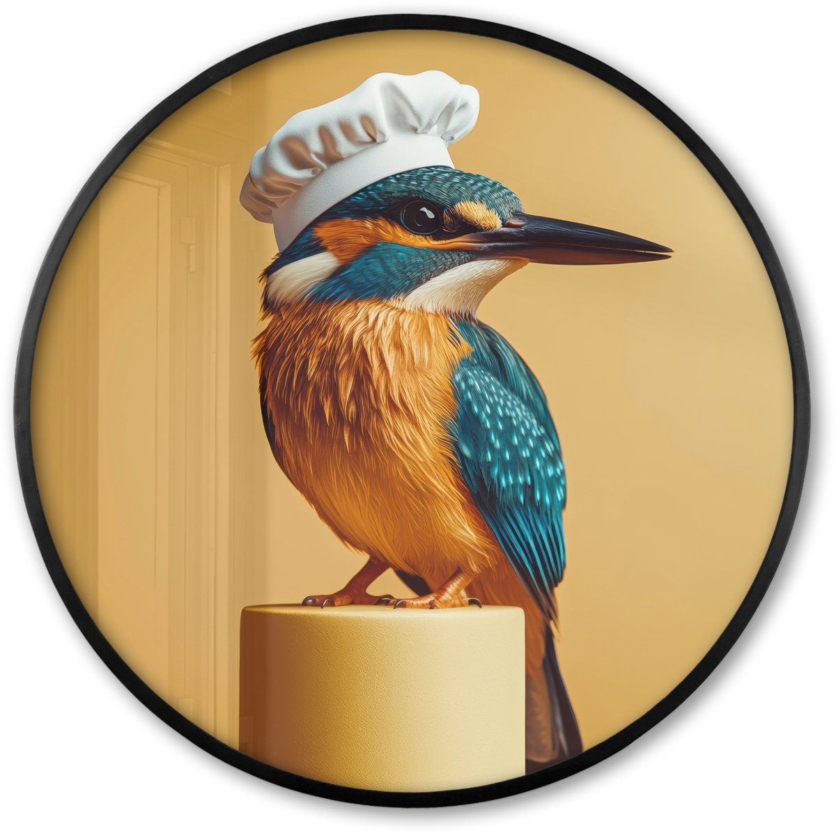 FrameYourWall Poster in lijst Rond - Fotolijst 60x60 cm - Posters - Ijsvogel - Pilaar - Koksmuts - Vogel - Ronde posterlijst zwart - Decoratie - Wanddecoratie woonkamer - Muurdecoratie slaapkamer Koksmuts - Ijsvogel