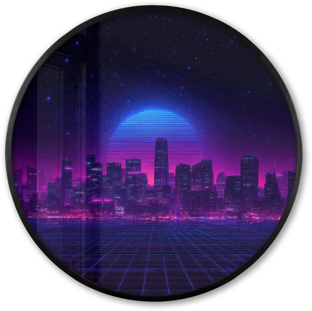 FrameYourWall Poster in lijst Rond - Fotolijst 80x80 cm - Posters - Skyline - Zon - Neon - Rasterpatroon - Ronde posterlijst zwart - Decoratie - Wanddecoratie woonkamer - Muurdecoratie slaapkamer Stad - Sterrenhemel - Neon