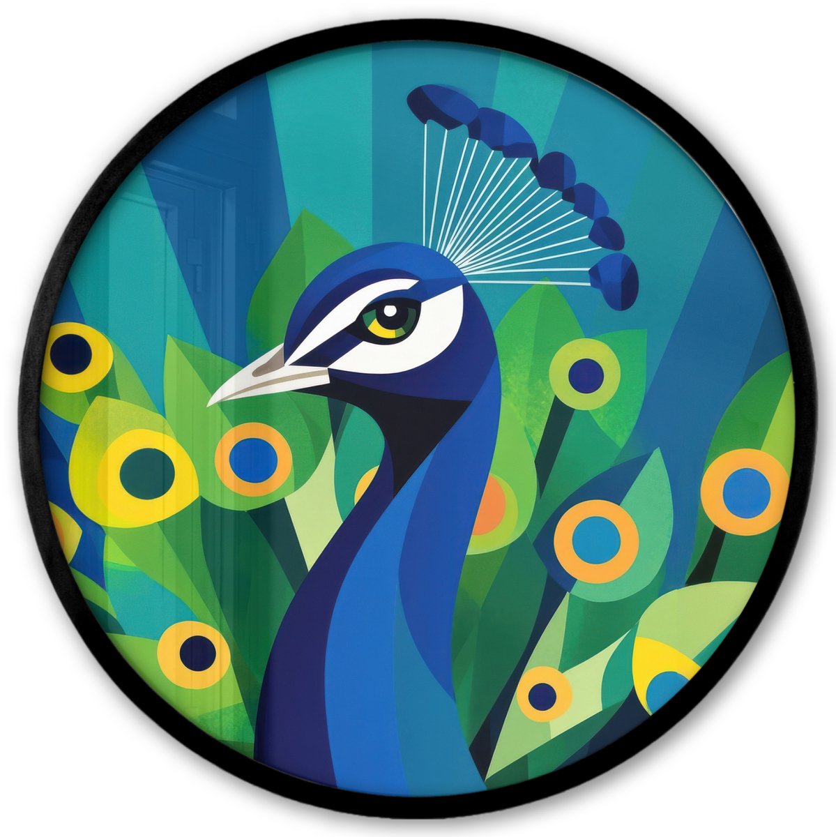 FrameYourWall Poster in lijst Rond - Fotolijst 40x40 cm - Posters - Pauw - Cirkels - Blauw - Ronde posterlijst zwart - Decoratie - Wanddecoratie woonkamer - Muurdecoratie slaapkamer Pauw - Veren