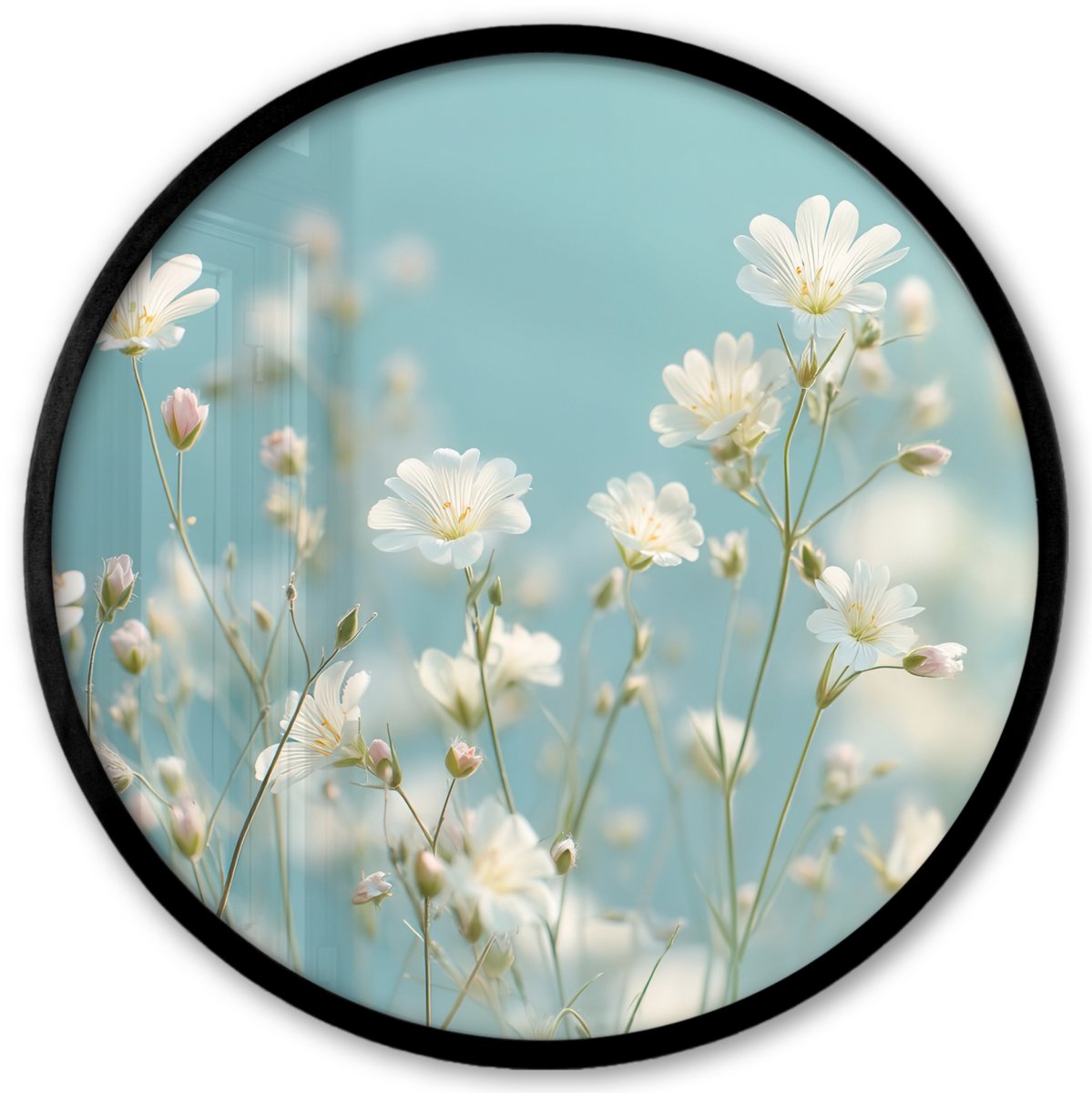FrameYourWall Poster in lijst Rond - Fotolijst 40x40 cm - Posters - Stengels - Bloemen - Lucht - Wit - Ronde posterlijst zwart - Decoratie - Wanddecoratie woonkamer - Muurdecoratie slaapkamer