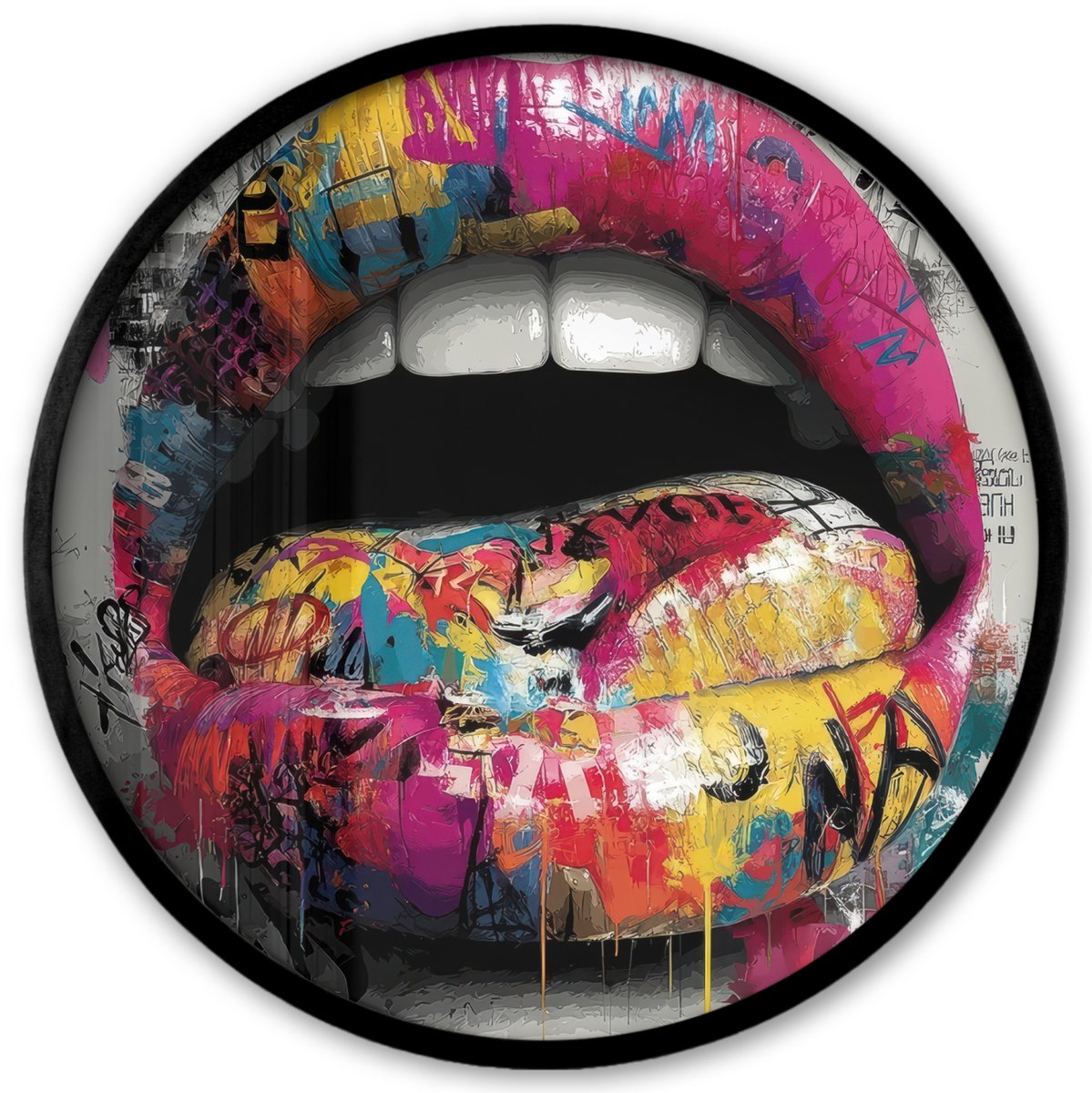 FrameYourWall Poster in lijst Rond - Fotolijst 40x40 cm - Posters - Lippen - Graffiti - Expressief - Ronde posterlijst zwart - Decoratie - Wanddecoratie woonkamer - Muurdecoratie slaapkamer