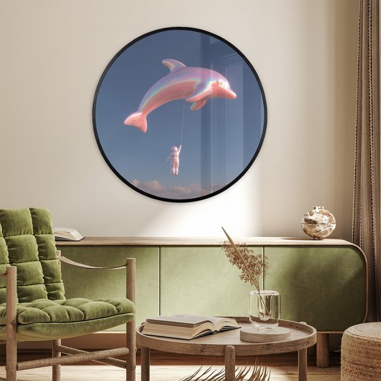 Poster in lijst Rond - Fotolijst 80x80 cm - Posters - Dolfijn - Roze - Astronaut - Ronde posterlijst zwart - Decoratie - Wanddecoratie woonkamer - Muurdecoratie slaapkamer