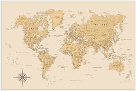 Carte du monde beige avec noms de pays et océans, avec une rose des vents.