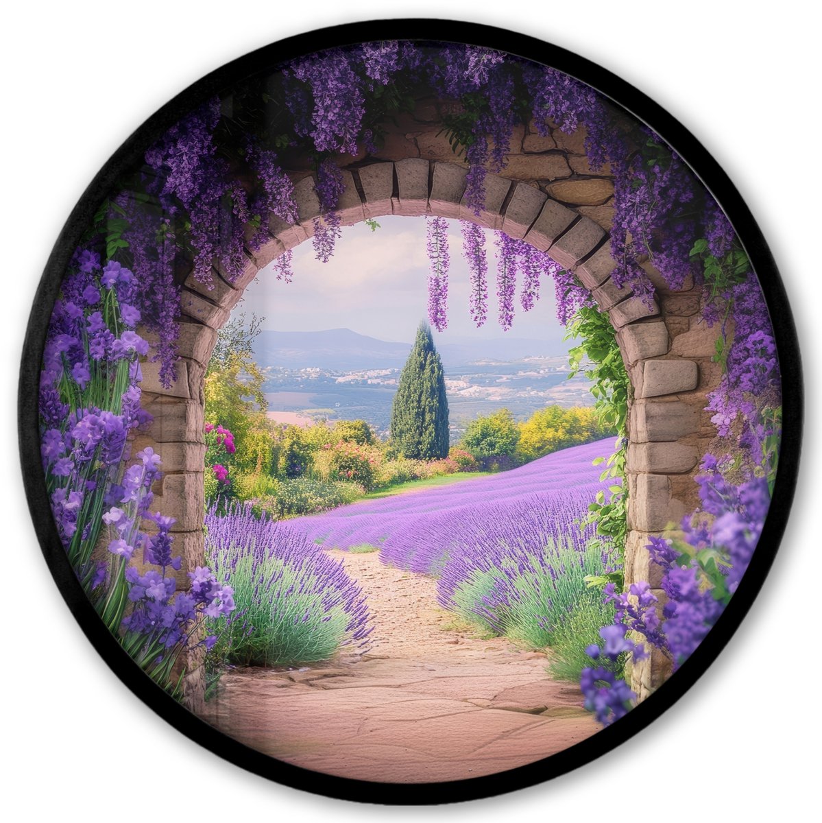 FrameYourWall Poster in lijst Rond - Fotolijst 40x40 cm - Posters - Doorkijk - Lavendel - Bloemen - Paars - Poort - Ronde posterlijst zwart - Decoratie - Wanddecoratie woonkamer - Muurdecoratie slaapkamer Lavendelveld
