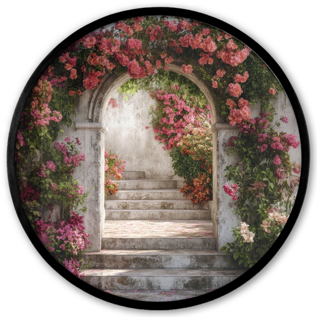FrameYourWall Poster in lijst Rond - Fotolijst 40x40 cm - Posters - Doorkijk - Rozen - Vintage - Poort - Ronde posterlijst zwart - Decoratie - Wanddecoratie woonkamer - Muurdecoratie slaapkamer Boog - Rozen