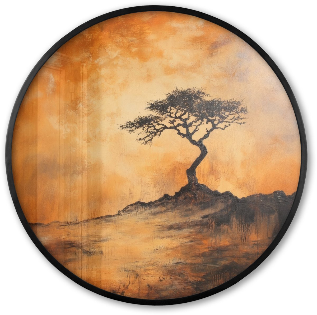 FrameYourWall Poster in lijst Rond - Fotolijst 60x60 cm - Posters - Boom - Landschap - Oranje - Ronde posterlijst zwart - Decoratie - Wanddecoratie woonkamer - Muurdecoratie slaapkamer