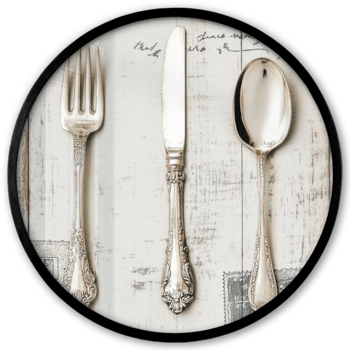 FrameYourWall Poster in lijst Rond - Fotolijst 40x40 cm - Posters - Zilver - Bestek - Hout - Ronde posterlijst zwart - Decoratie - Wanddecoratie woonkamer - Muurdecoratie slaapkamer