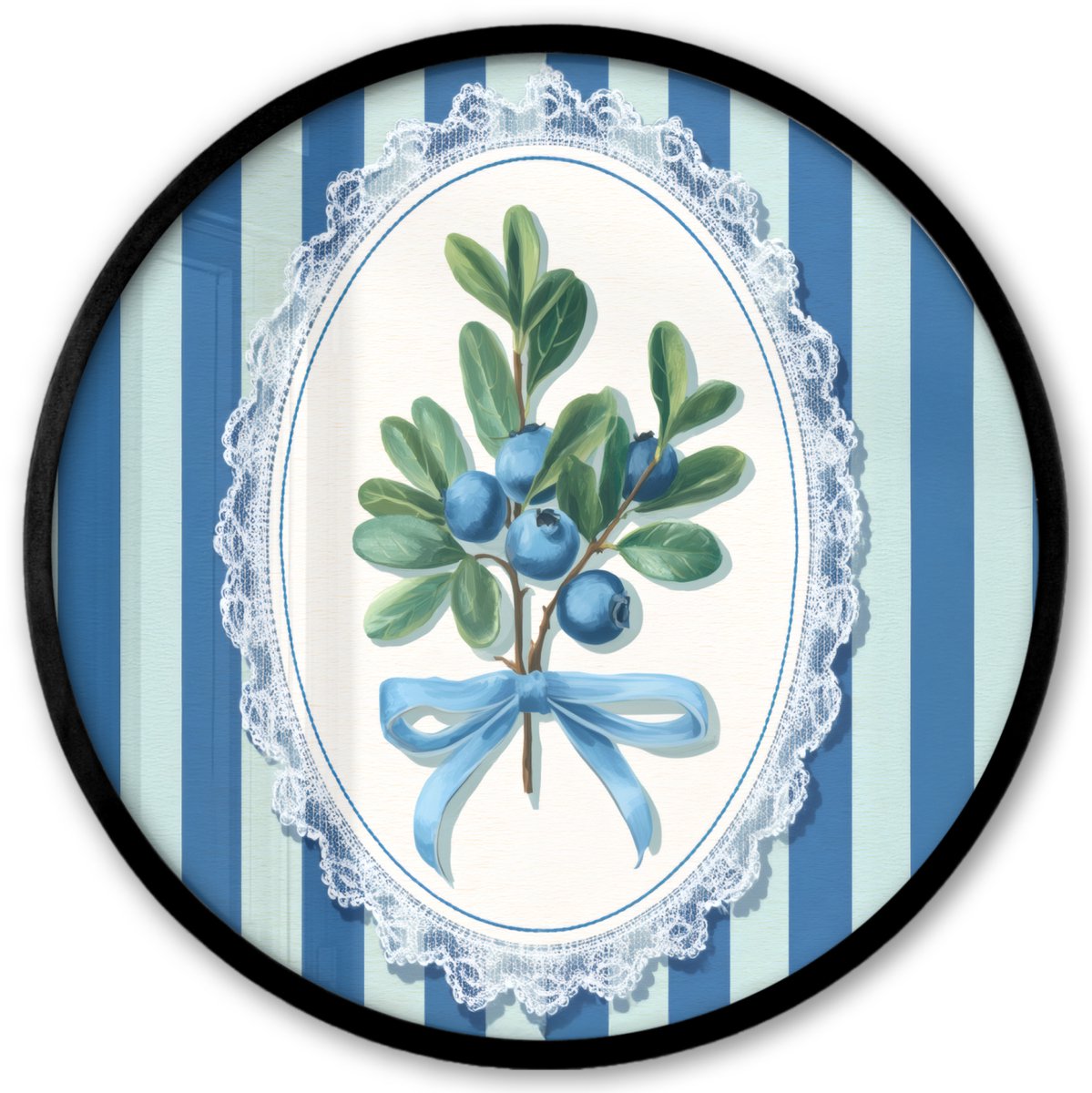FrameYourWall Poster in lijst Rond - Fotolijst 40x40 cm - Posters - Illustratie - Bessen - Blauw - Strepen - Ronde posterlijst zwart - Decoratie - Wanddecoratie woonkamer - Muurdecoratie slaapkamer Bessen - Strepen