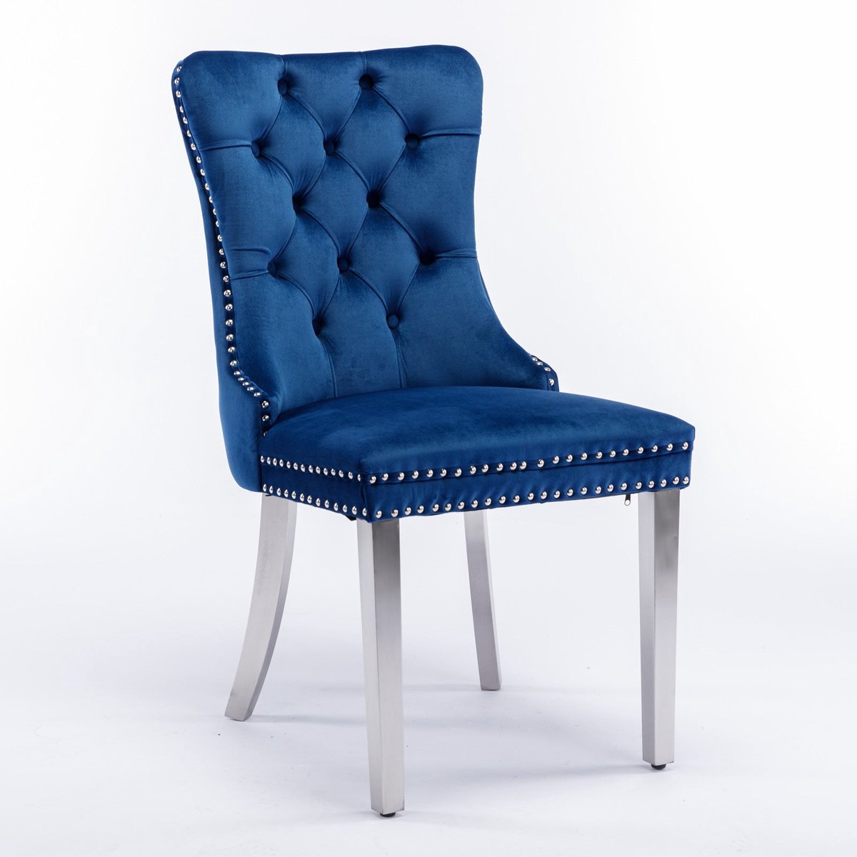 Merax Nikki Collection Eetkamerstoelen - Set van 2 - Luxe Fluwelen Stoelen met Hoge Rugleuning - Blauwe Bekleding - Chroom Stalen Poten - Klassiek Design met Nagelstuds