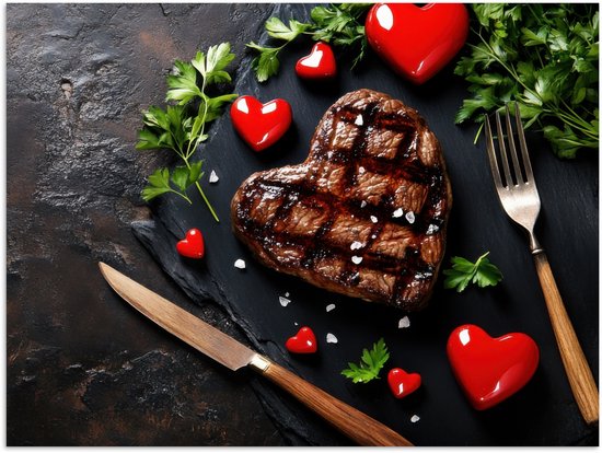 Poster 120x90 cm - Steak - Hart - Bestek - Posters - Kamer decoratie - Wanddecoratie woonkamer - Muurdecoratie slaapkamer