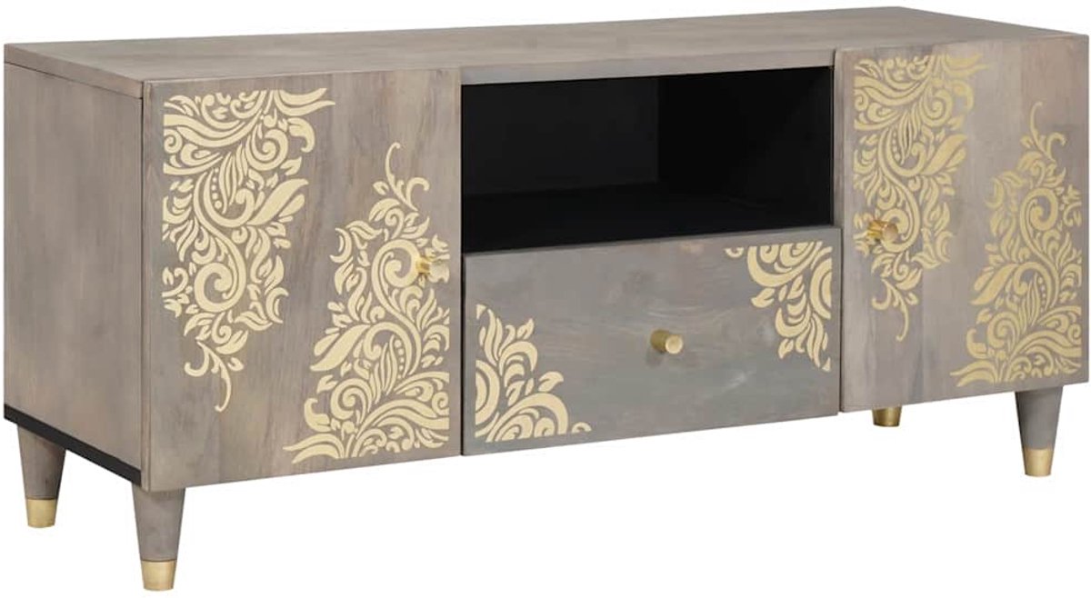 vidaXL - TV - Kast - met - lade - Grijs - 105 - x - 33 - x - 46 - cm - Massief - Mango - Hout