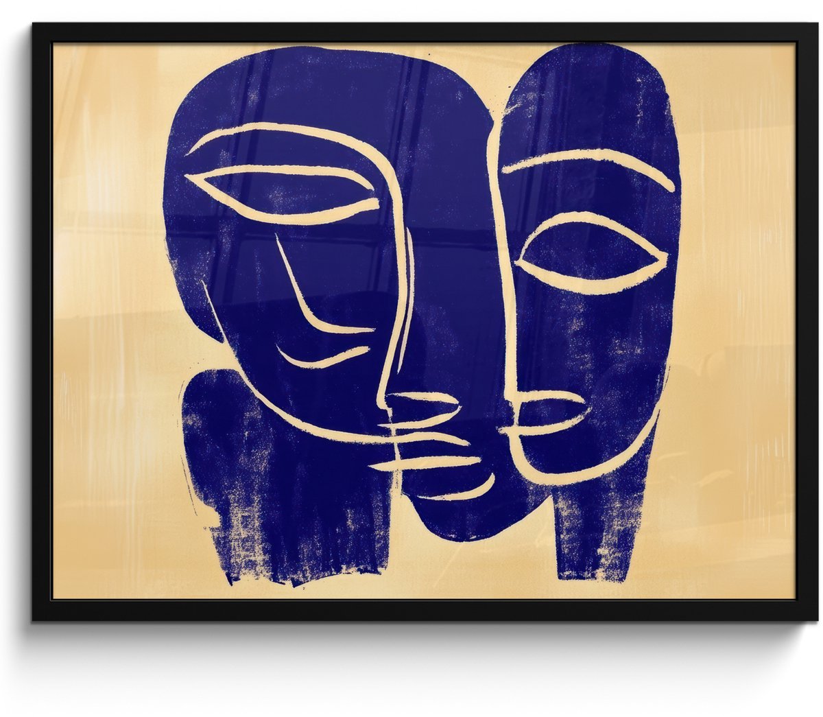 FrameYourWall Poster in lijst - Fotolijst 80x60 cm - Posters - Okergeel - Blauw - Eenvoudige lijnen - Posterlijst zwart - Decoratie - Wanddecoratie woonkamer - Muurdecoratie slaapkamer Lijnen - Gezichten