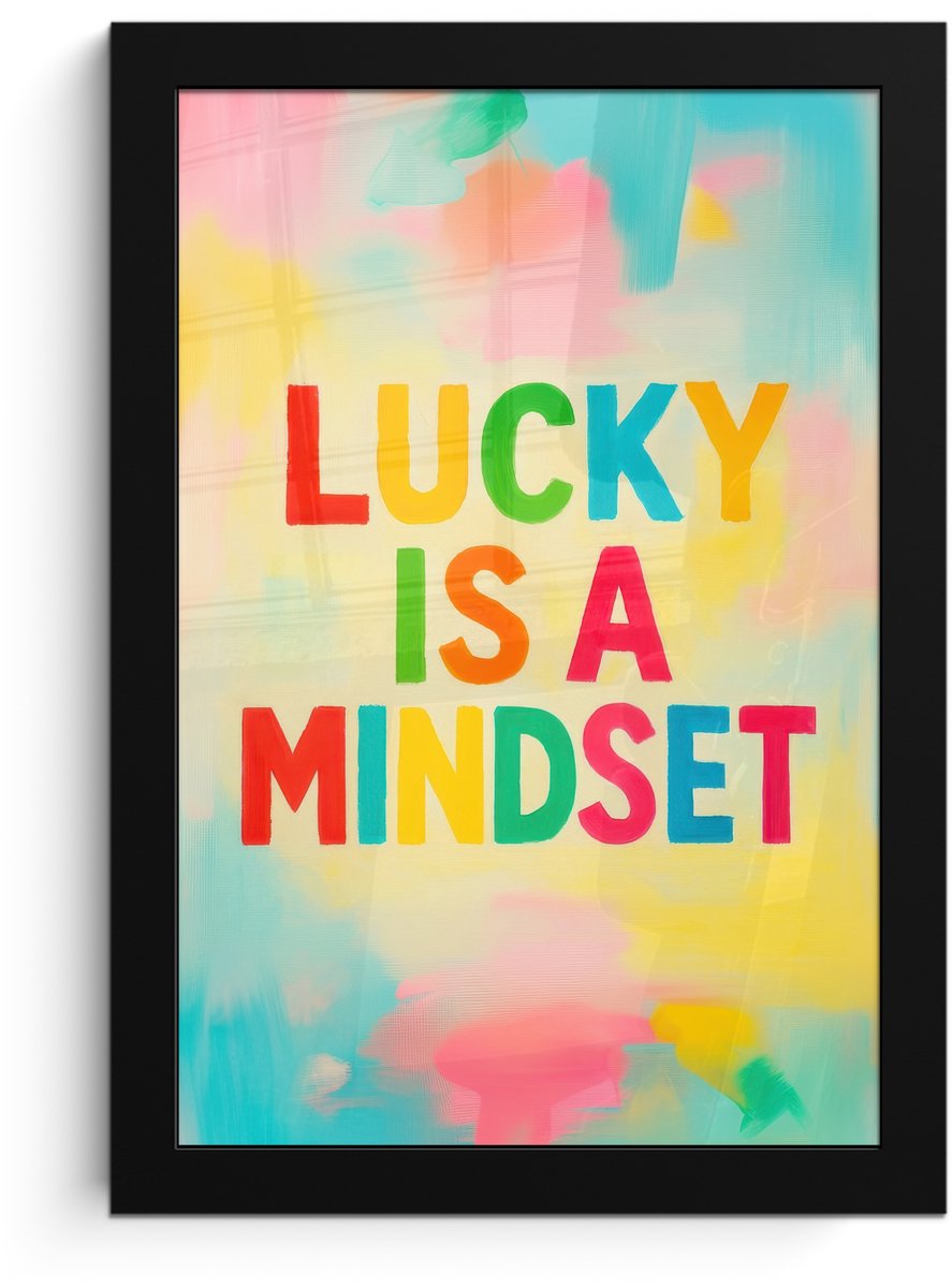 FrameYourWall Poster in lijst - Fotolijst 20x30 cm - Posters - Quote - Lucky - Regenboogkleuren - Posterlijst zwart - Decoratie - Wanddecoratie woonkamer - Muurdecoratie slaapkamer Quote - Lucky - Kleurrijk