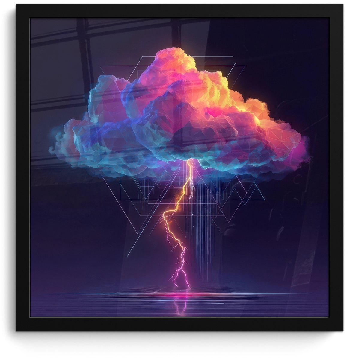 FrameYourWall Poster in lijst - Fotolijst 40x40 cm - Posters - Donderwolk - Bliksemschicht - Licht - Blauw - Posterlijst zwart - Decoratie - Wanddecoratie woonkamer - Muurdecoratie slaapkamer Wolk - Bliksemschicht - Driehoeken