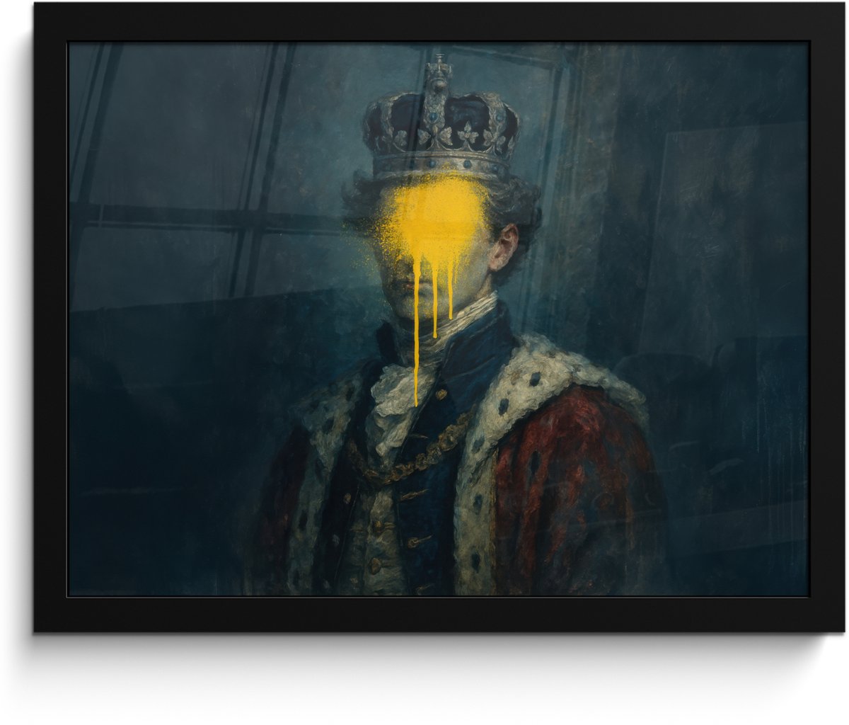 FrameYourWall Poster in lijst - Fotolijst 40x30 cm - Posters - Koning - Portret - Druipende gele verf - Posterlijst zwart - Decoratie - Wanddecoratie woonkamer - Muurdecoratie slaapkamer Koning - Portret - Verf