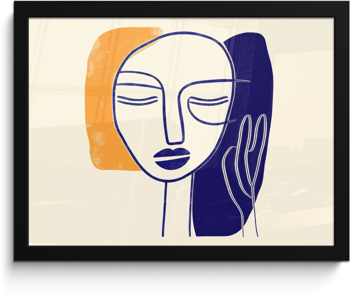 FrameYourWall Poster in lijst - Fotolijst 40x30 cm - Posters - Minimalistisch - Gezicht - Hand - Oranje - Blauw - Posterlijst zwart - Decoratie - Wanddecoratie woonkamer - Muurdecoratie slaapkamer Gezicht - Hand - Minimalistisch