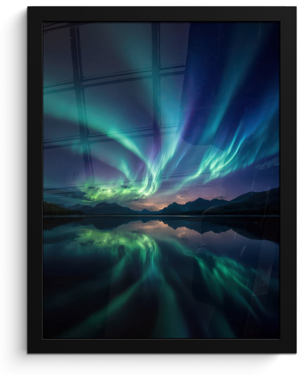 FrameYourWall Poster in lijst - Fotolijst 30x40 cm - Posters - Noorderlicht - Kleurrijk - Bergmeer - Posterlijst zwart - Decoratie - Wanddecoratie woonkamer - Muurdecoratie slaapkamer Noorderlicht - Meer - Bergen