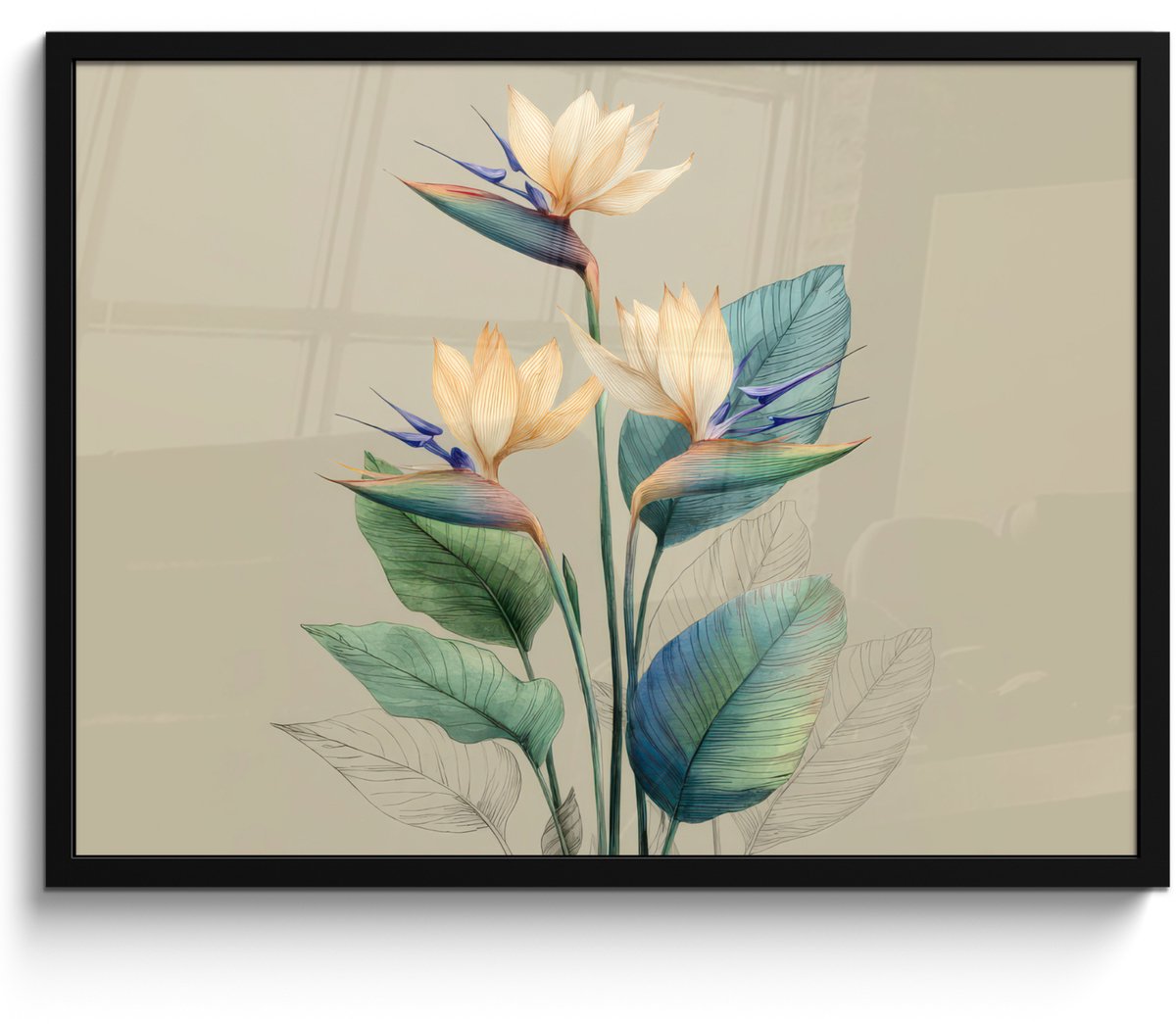 FrameYourWall Poster in lijst - Fotolijst 80x60 cm - Posters - Paradijsvogelbloemen - Blauwgroene bladeren - Beige - Posterlijst zwart - Decoratie - Wanddecoratie woonkamer - Muurdecoratie slaapkamer