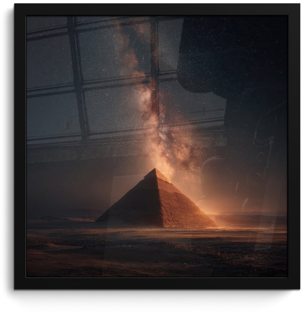FrameYourWall Poster in lijst - Fotolijst 40x40 cm - Posters - Piramide - Woestijn - Licht - Posterlijst zwart - Decoratie - Wanddecoratie woonkamer - Muurdecoratie slaapkamer Piramide - Sterren