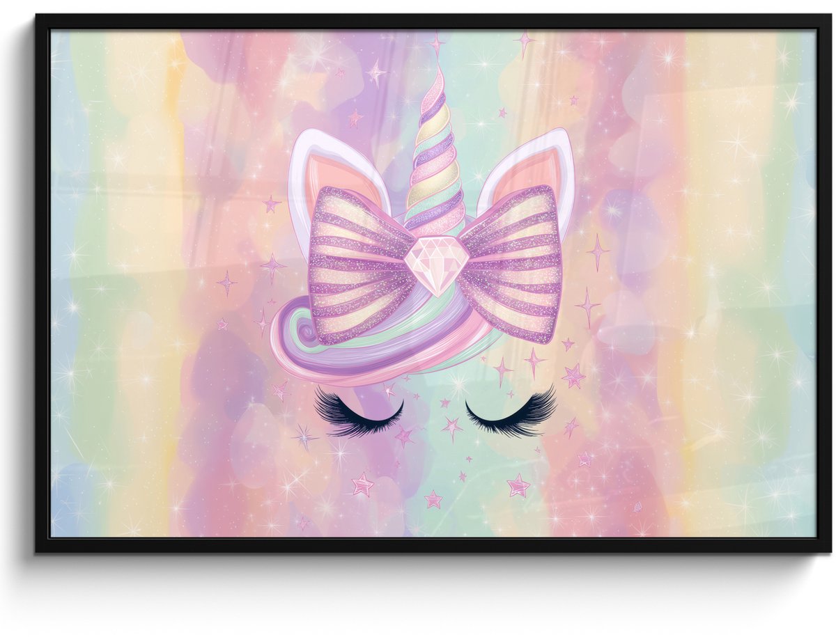 FrameYourWall Poster in lijst - Fotolijst 120x80 cm - Posters - Eenhoorn - Glitters - Regenboog - Pastel - Posterlijst zwart - Decoratie - Wanddecoratie woonkamer - Muurdecoratie slaapkamer