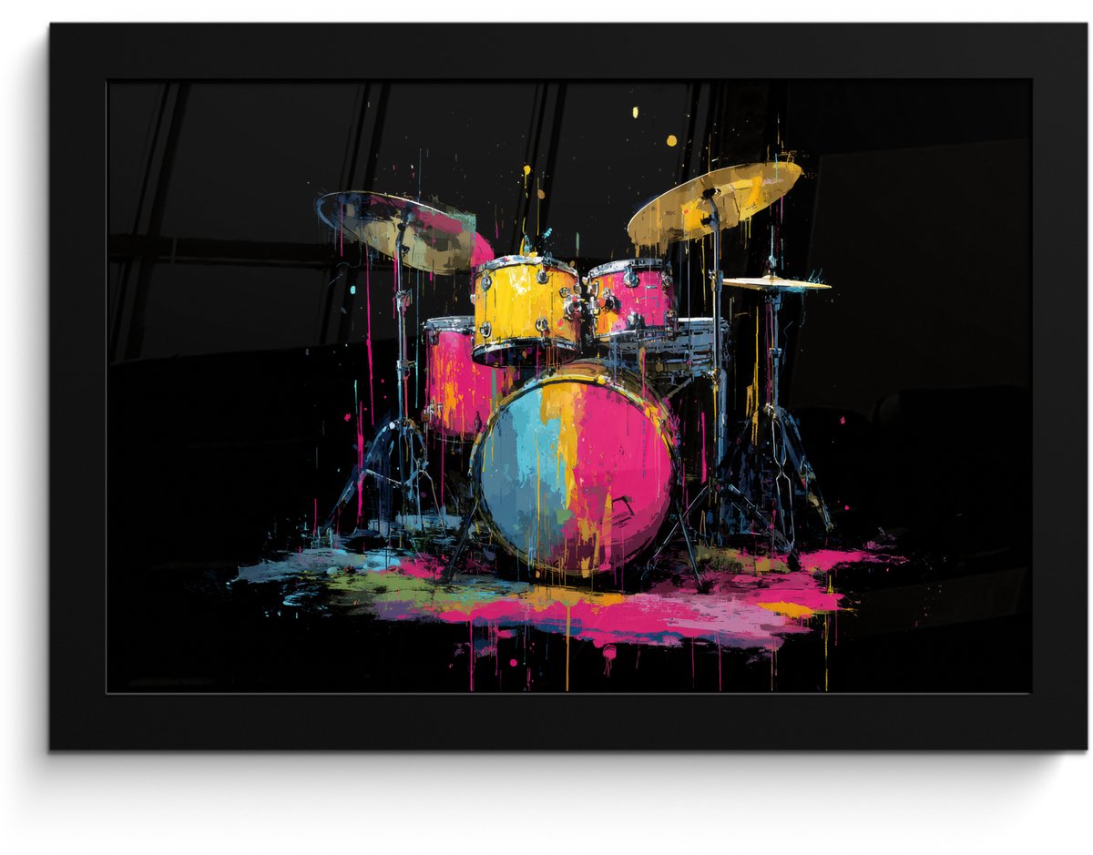 FrameYourWall Poster in lijst - Fotolijst 30x20 cm - Posters - Drumstel - Kleurrijk - Verf - Levendig - Posterlijst zwart - Decoratie - Wanddecoratie woonkamer - Muurdecoratie slaapkamer