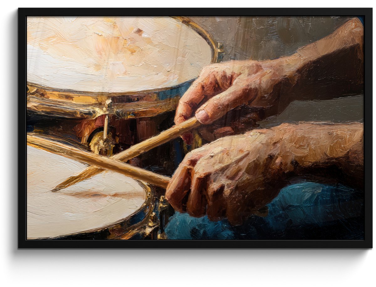 FrameYourWall Poster in lijst - Fotolijst 90x60 cm - Posters - Drumstokken - Olieverf - Man - Posterlijst zwart - Decoratie - Wanddecoratie woonkamer - Muurdecoratie slaapkamer