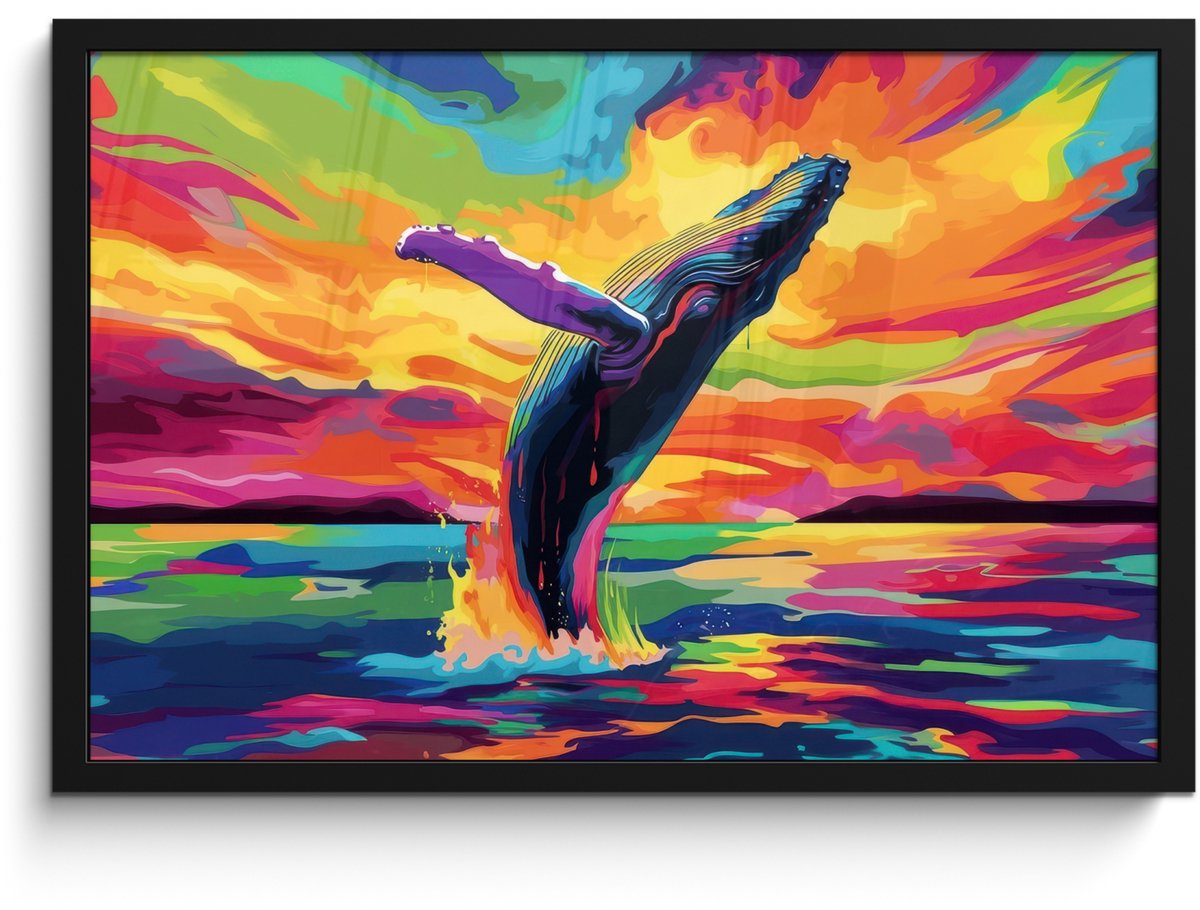 FrameYourWall Poster in lijst - Fotolijst 60x40 cm - Posters - Zonsondergang - Walvis - Geschilderd - Kleurrijk - Posterlijst zwart - Decoratie - Wanddecoratie woonkamer - Muurdecoratie slaapkamer Walvis - Kleurrijk