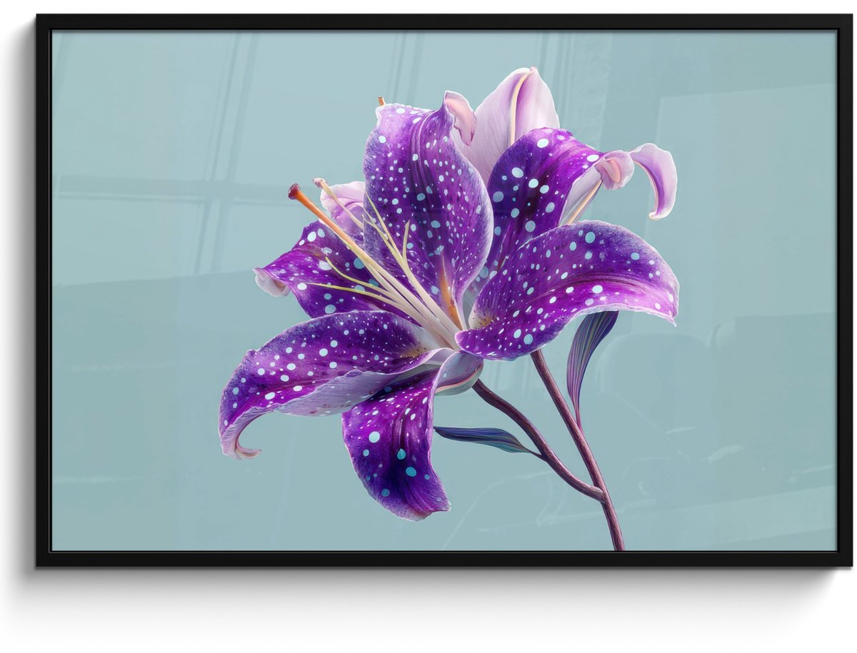 FrameYourWall Poster in lijst - Fotolijst 120x80 cm - Posters - Lelie - Bloem - Paars - Stippen - Posterlijst zwart - Decoratie - Wanddecoratie woonkamer - Muurdecoratie slaapkamer