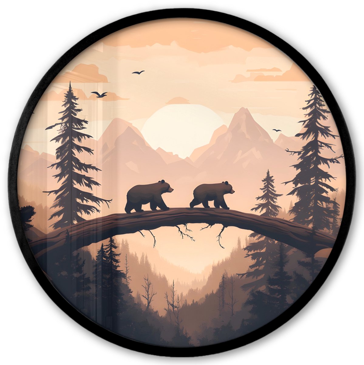 FrameYourWall Poster in lijst Rond - Fotolijst 40x40 cm - Posters - Beren - Bomen - Landschap - Zonsondergang - Ronde posterlijst zwart - Decoratie - Wanddecoratie woonkamer - Muurdecoratie slaapkamer Beren - Landschap
