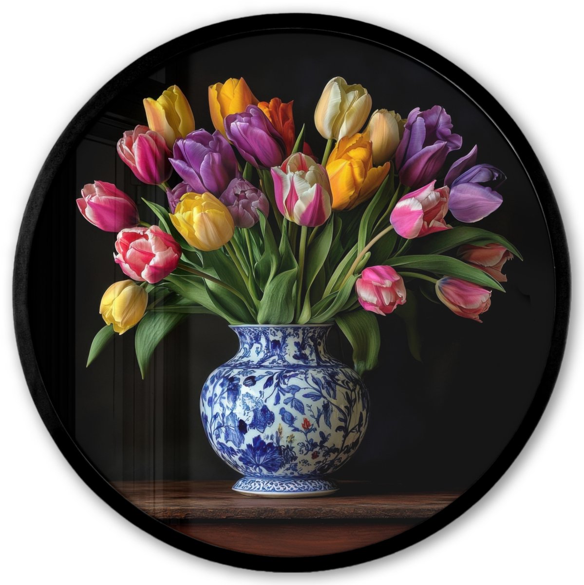 FrameYourWall Poster in lijst Rond - Fotolijst 40x40 cm - Posters - Tulpen - Kleuren - Hout - Vaas - Ronde posterlijst zwart - Decoratie - Wanddecoratie woonkamer - Muurdecoratie slaapkamer Tulpen - Kleurrijk