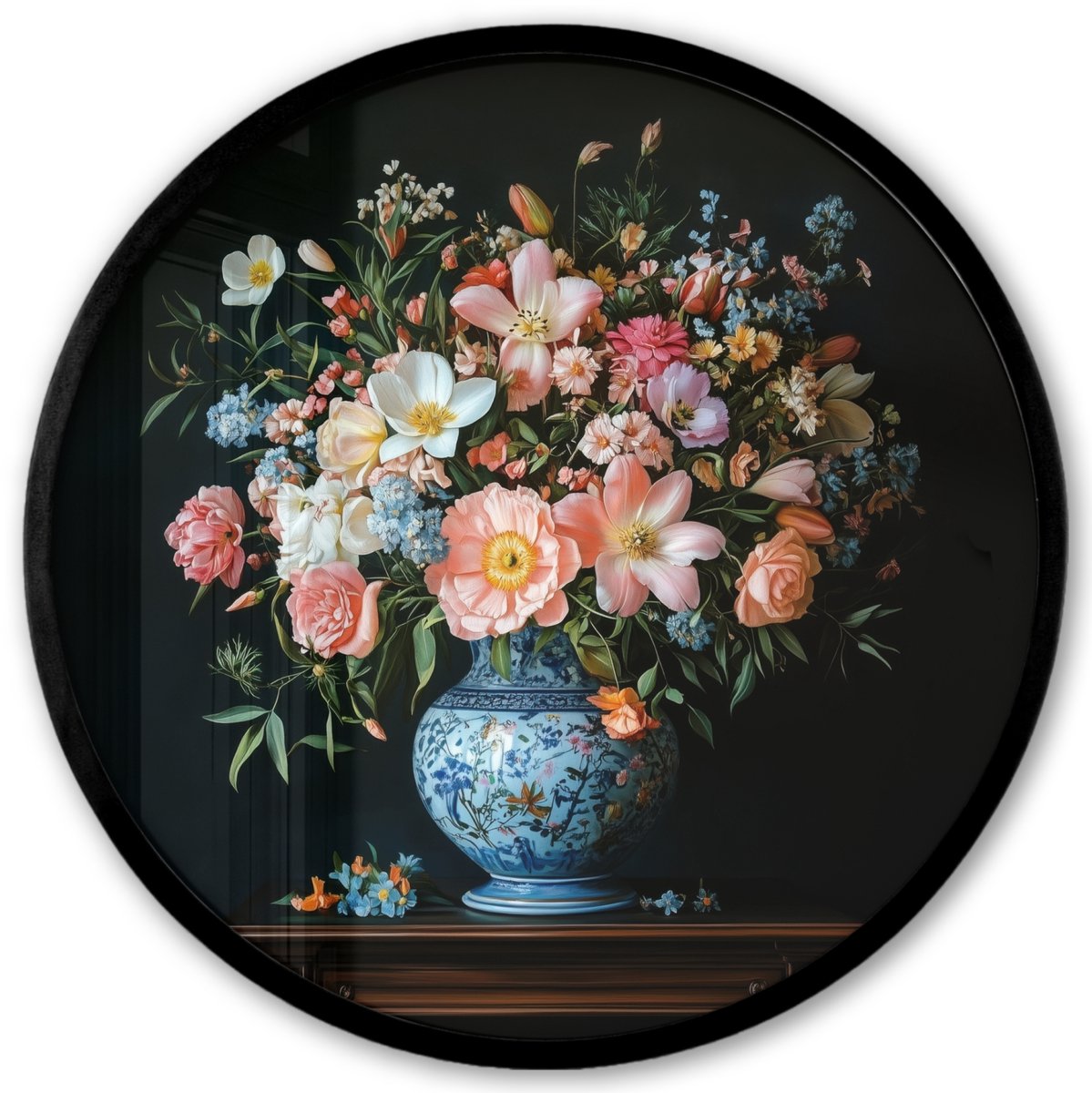 FrameYourWall Poster in lijst Rond - Fotolijst 40x40 cm - Posters - Roze - Bloemen - Vaas - Kleuren - Ronde posterlijst zwart - Decoratie - Wanddecoratie woonkamer - Muurdecoratie slaapkamer