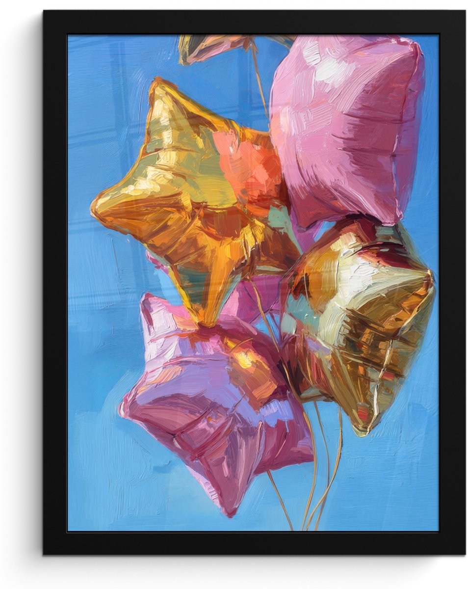 FrameYourWall Poster in lijst - Fotolijst 30x40 cm - Posters - Ballonnen - Goud - Stervorm - Roze - Posterlijst zwart - Decoratie - Wanddecoratie woonkamer - Muurdecoratie slaapkamer