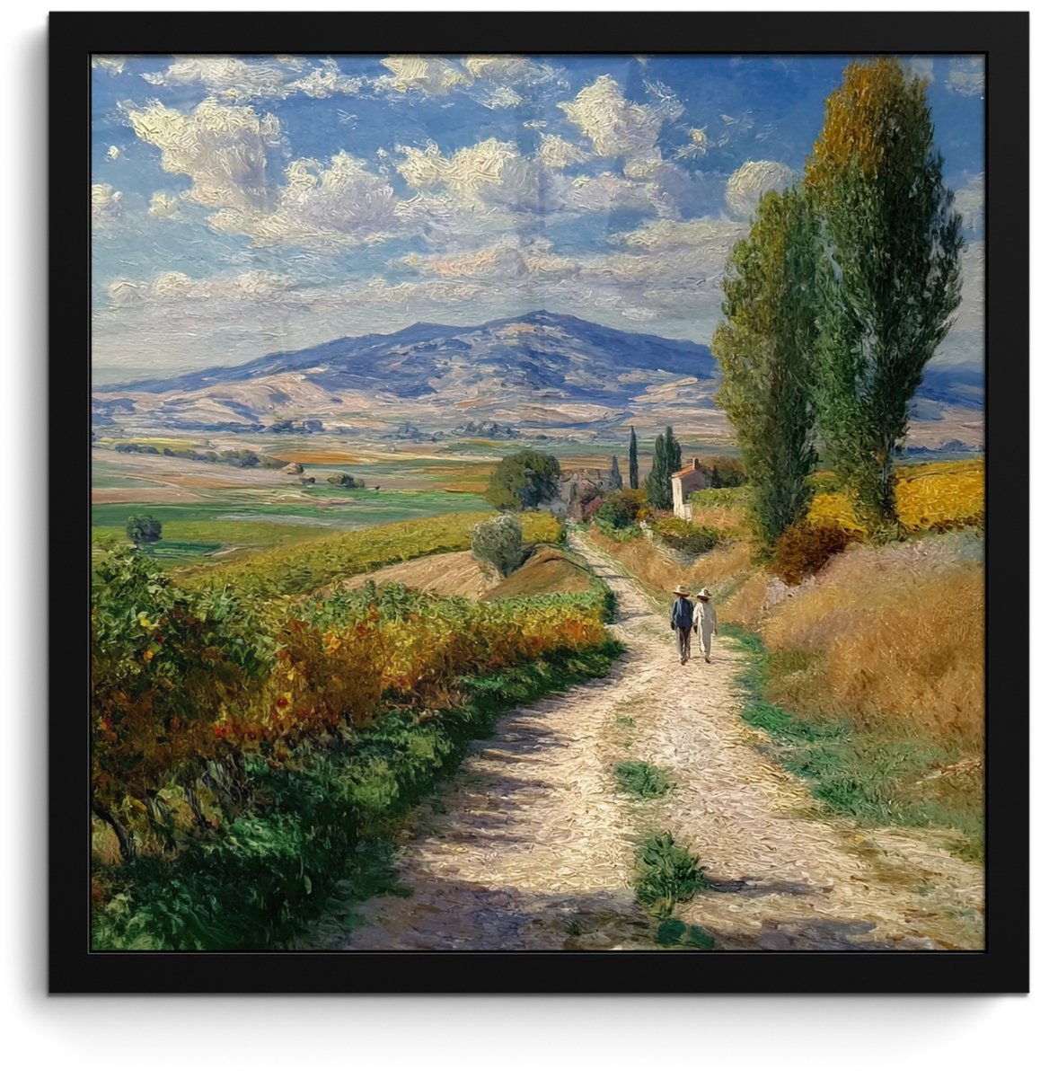 FrameYourWall Poster in lijst - Fotolijst 40x40 cm - Posters - Mensen - Wandelen - Zandpad - Velden - Posterlijst zwart - Decoratie - Wanddecoratie woonkamer - Muurdecoratie slaapkamer Zandpad - Velden - Bergen