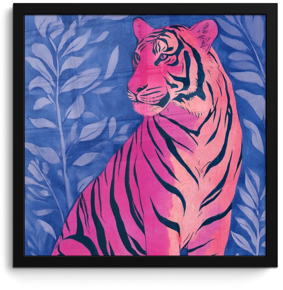 FrameYourWall Poster in lijst - Fotolijst 40x40 cm - Posters - Tijger - Roze - Bladeren - Jungle - Posterlijst zwart - Decoratie - Wanddecoratie woonkamer - Muurdecoratie slaapkamer Tijger - Bladeren