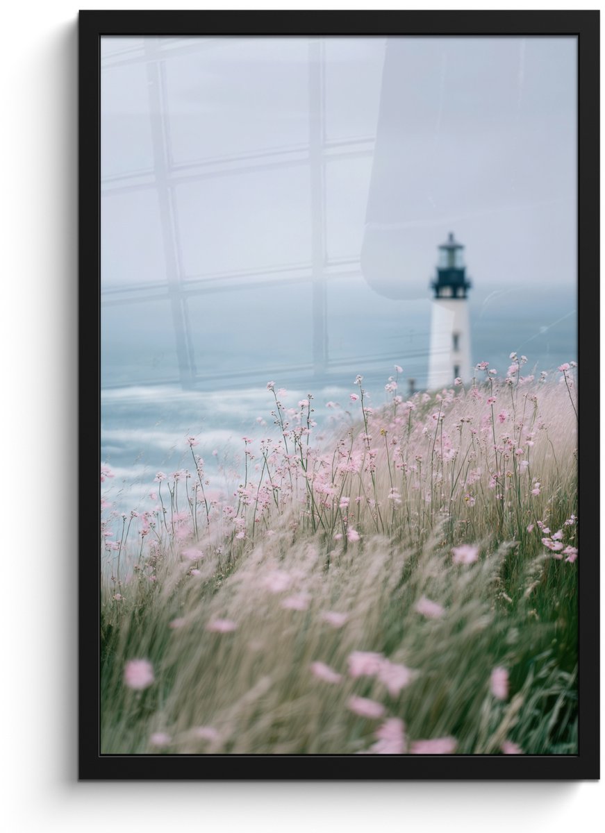 FrameYourWall Poster in lijst - Fotolijst 40x60 cm - Posters - Vuurtoren - Klif - Zee - Bloemen - Posterlijst zwart - Decoratie - Wanddecoratie woonkamer - Muurdecoratie slaapkamer Vuurtoren - Zee - Bloemen